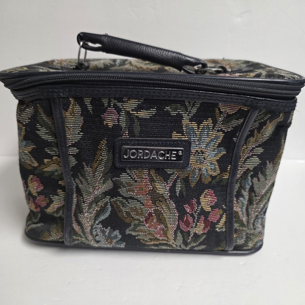 VTG Jordache Black Floral Tapestry Makeup Train Case Cosmetic Bag Travel Box